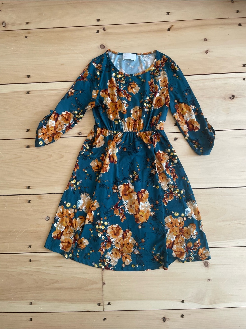 French Grey Teal Dress with Mustard and Cream Floral Print